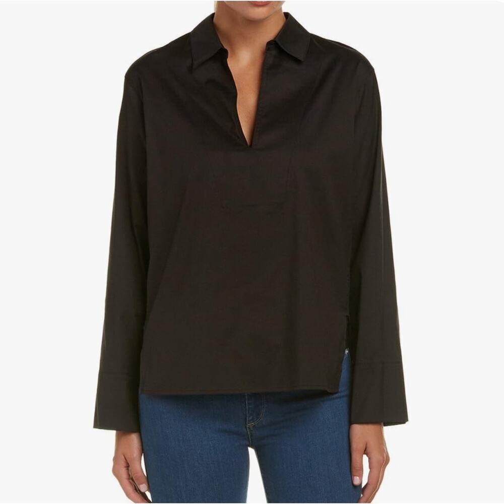 Vince Collared Split Neck Popover Top Long Sleeve Black 10 Cotton Split Hem
